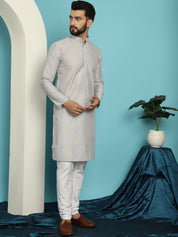 Men's Jacqard Silk Grey Kurta & White Pyjama Set