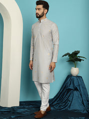 Men's Jacqard Silk Grey Kurta & White Pyjama Set