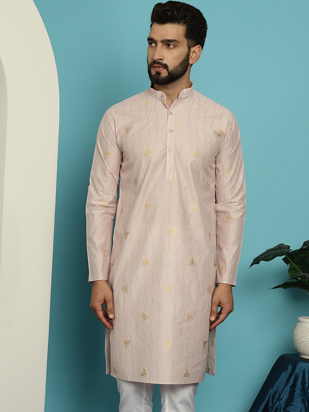 Men's Jacqard Silk Peach Long Kurta