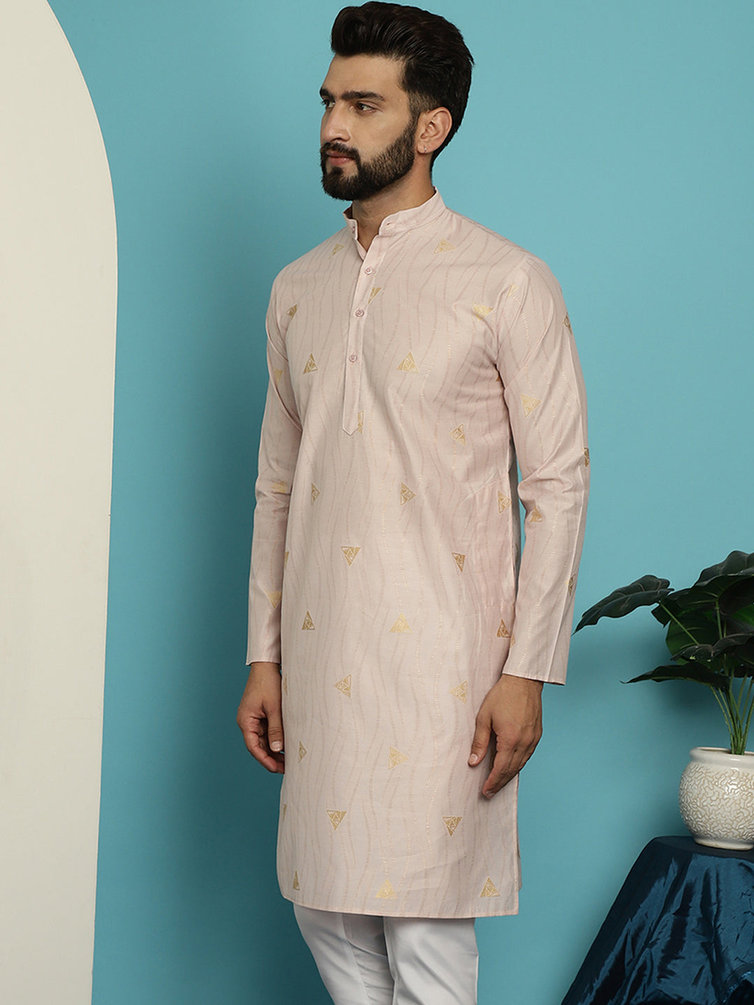 Men's Jacqard Silk Peach Long Kurta