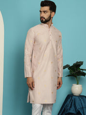 Men's Jacqard Silk Peach Long Kurta