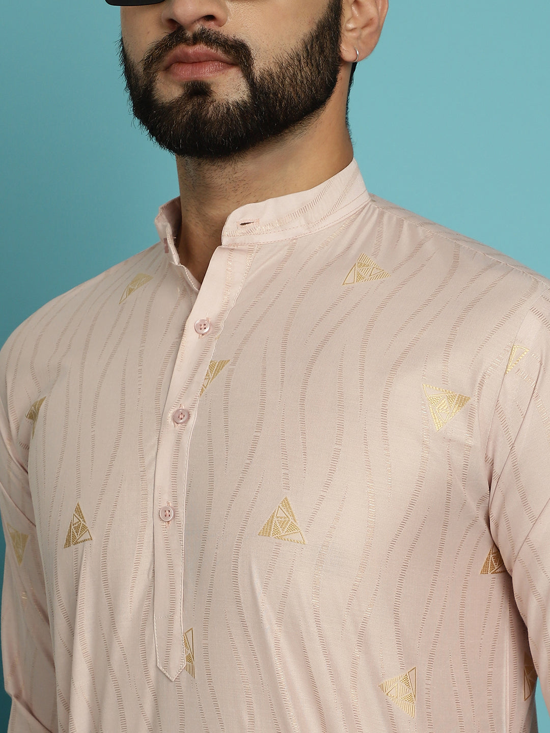 Men's Jacqard Silk Peach Kurta & White Pyjama Set