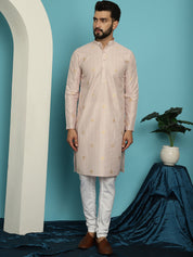 Men's Jacqard Silk Peach Kurta & White Pyjama Set