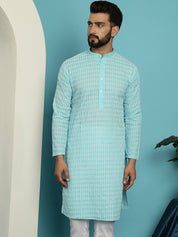 Men's Pure Cotton Blue Kurta with White Embroidery