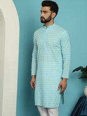 Men's Pure Cotton Blue Kurta with White Embroidery