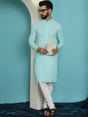 Men's Pure Cotton Blue Kurta with White Embroidery