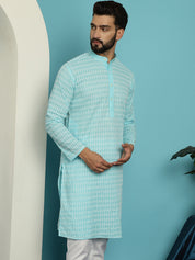 Men's Pure Cotton Blue Kurta with White Embroidery