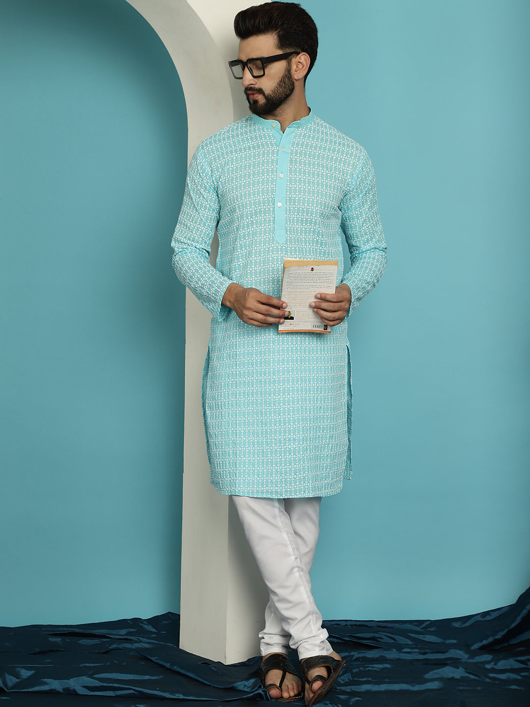 Men's Pure Cotton Blue Kurta with White Embroidery and White Pyjama Set