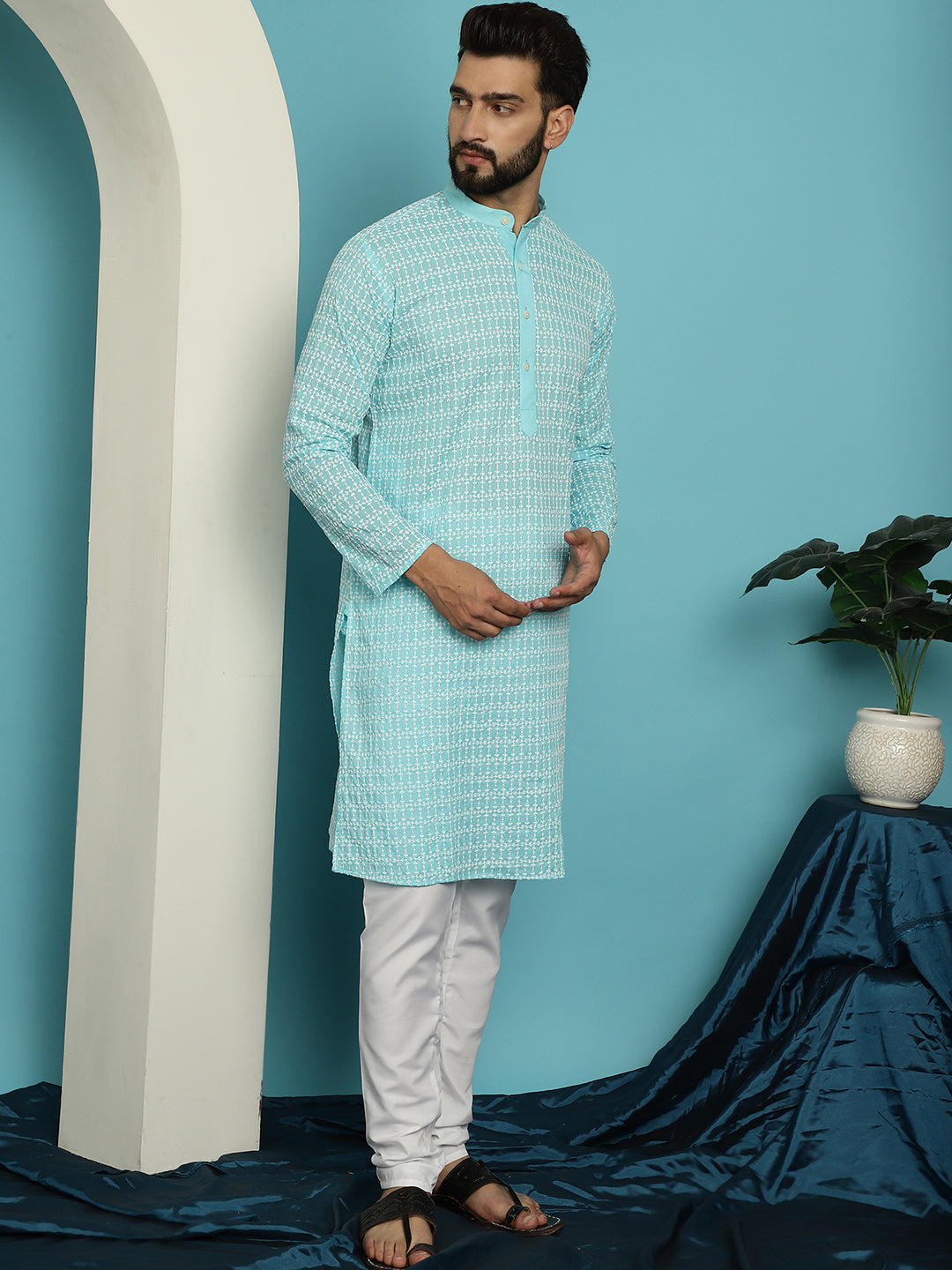 Men's Pure Cotton Blue Kurta with White Embroidery and White Pyjama Set