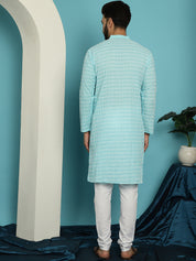 Men's Pure Cotton Blue Kurta with White Embroidery and White Pyjama Set