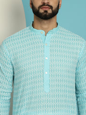 Men's Pure Cotton Blue Kurta with White Embroidery and White Pyjama Set