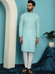 Men's Pure Cotton Blue Kurta with White Embroidery and White Pyjama Set