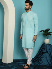 Men's Pure Cotton Blue Kurta with White Embroidery and White Pyjama Set