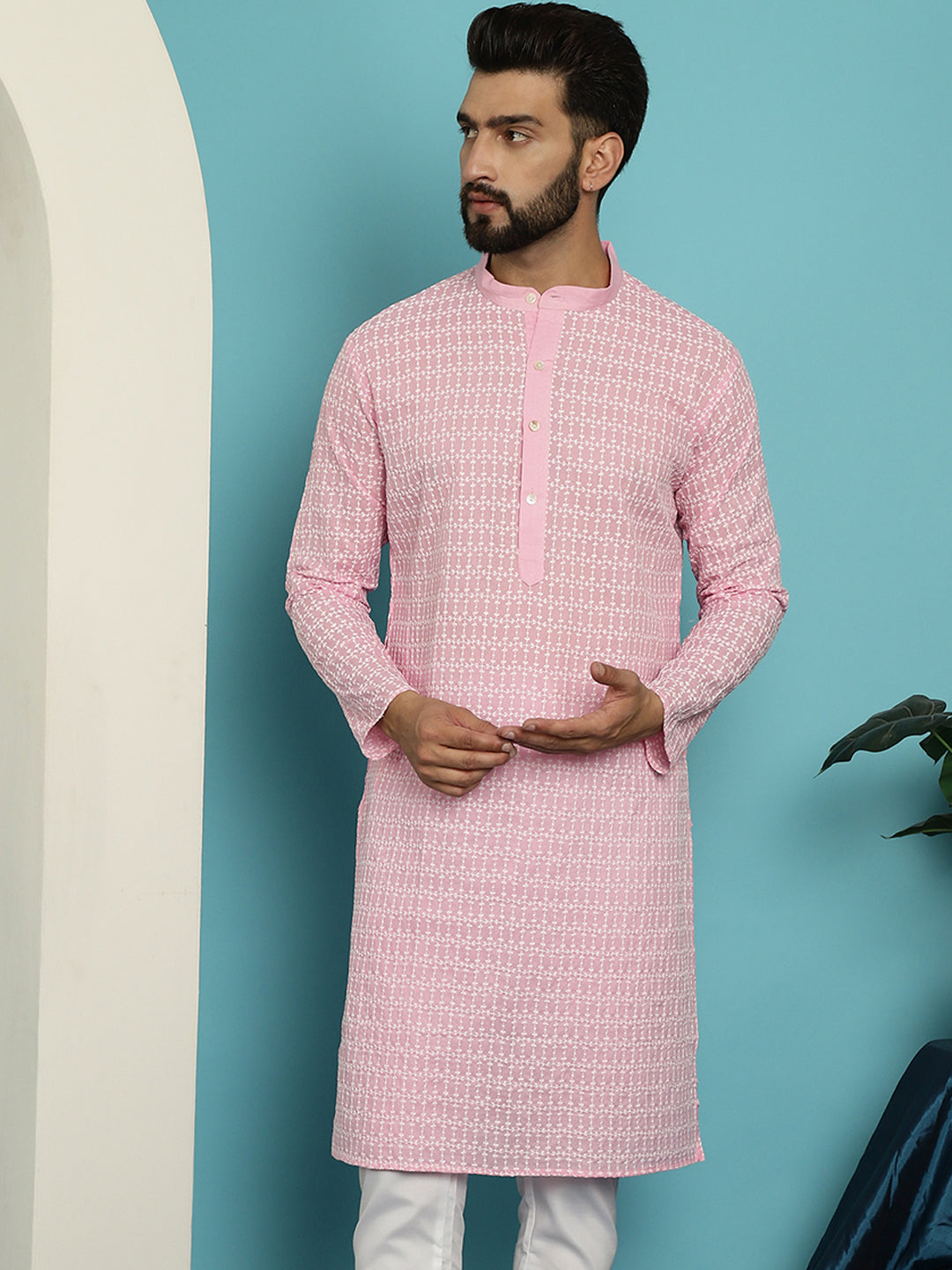 Men's Pure Cotton Pink Kurta with White Embroidery