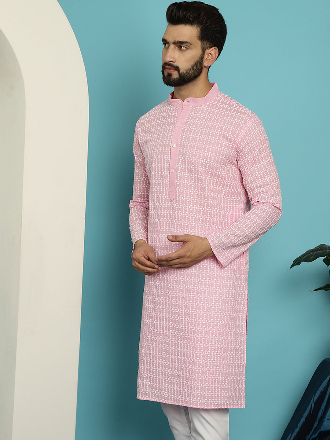 Men's Pure Cotton Pink Kurta with White Embroidery