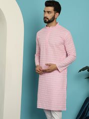 Men's Pure Cotton Pink Kurta with White Embroidery