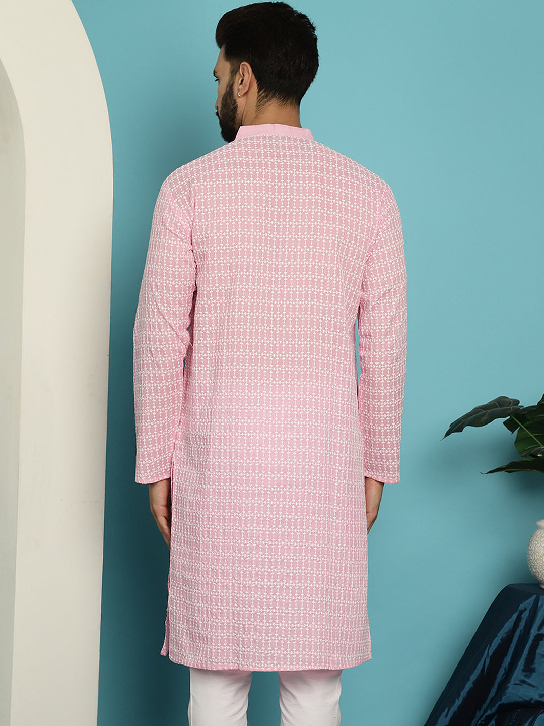 Men's Pure Cotton Pink Kurta with White Embroidery