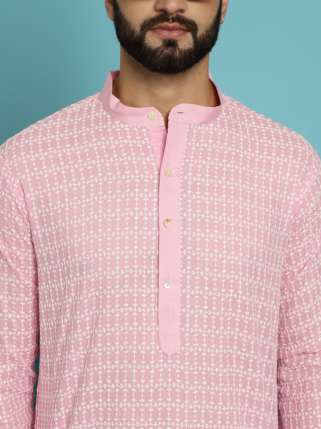 Men's Pure Cotton Pink Kurta with White Embroidery