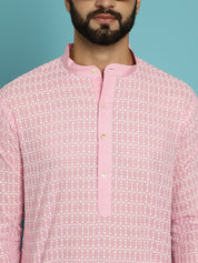 Men's Pure Cotton Pink Kurta with White Embroidery