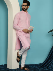 Men's Pure Cotton Pink Kurta with White Embroidery