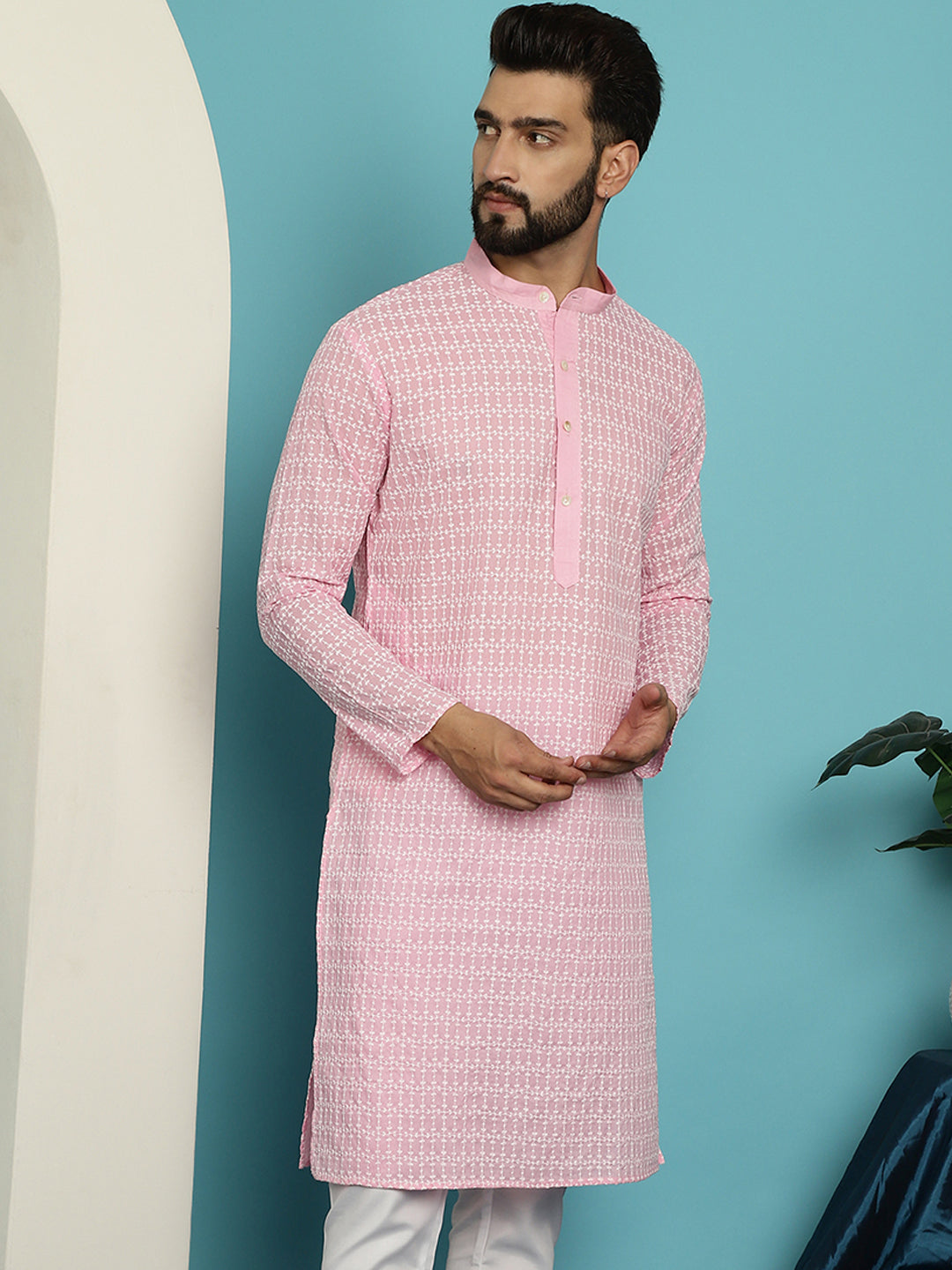 Men's Pure Cotton Pink Kurta with White Embroidery