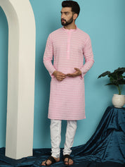 Men's Pure Cotton Pink Kurta with White Embroidery and White Pyjama Set