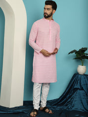 Men's Pure Cotton Pink Kurta with White Embroidery and White Pyjama Set