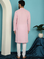 Men's Pure Cotton Pink Kurta with White Embroidery and White Pyjama Set