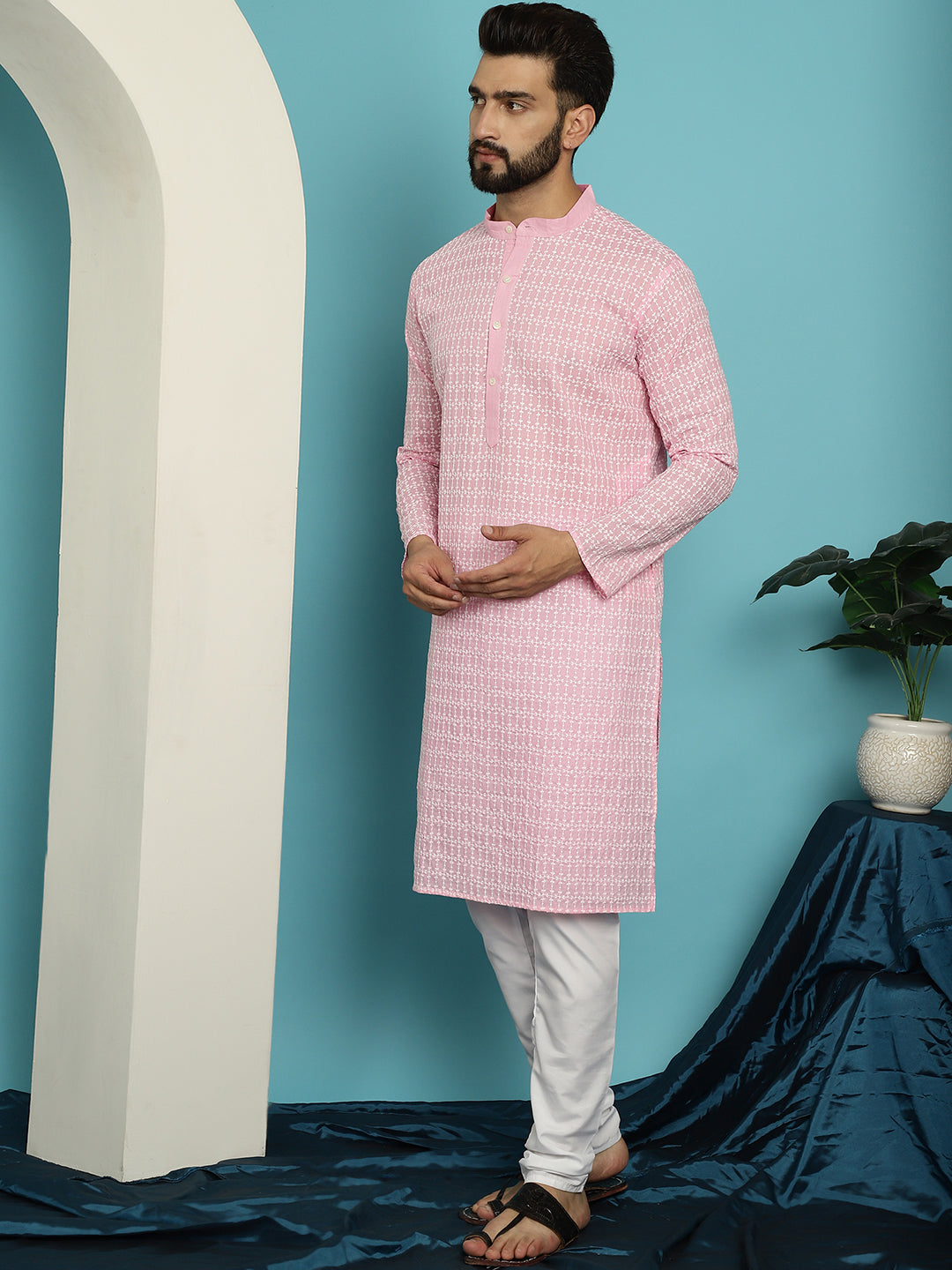 Men's Pure Cotton Pink Kurta with White Embroidery and White Pyjama Set