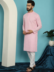 Men's Pure Cotton Pink Kurta with White Embroidery and White Pyjama Set