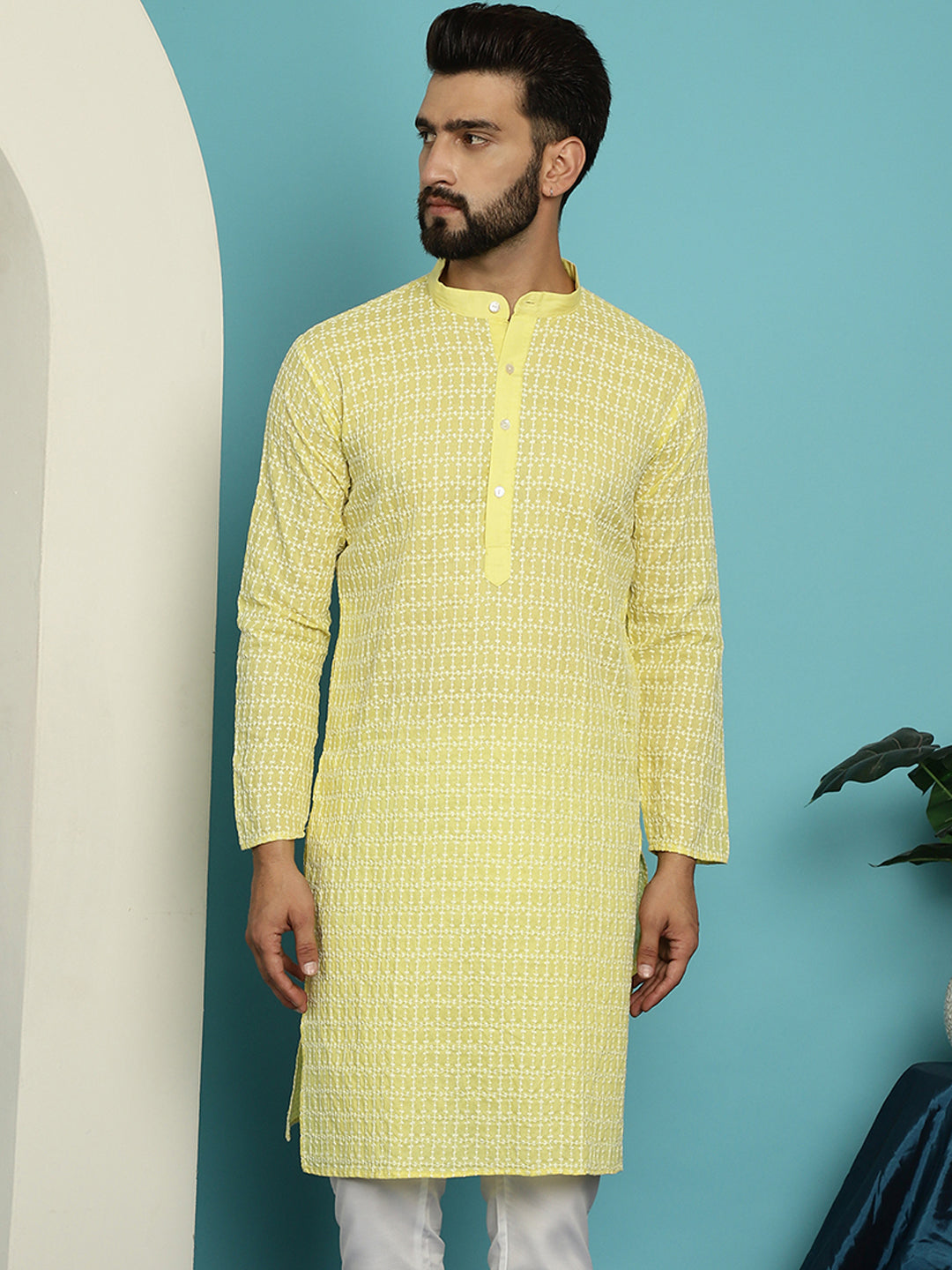 Men's Pure Cotton Yellow Kurta with White Embroidery