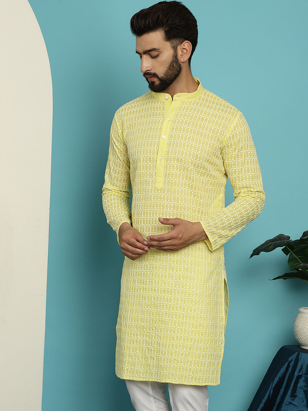 Men's Pure Cotton Yellow Kurta with White Embroidery