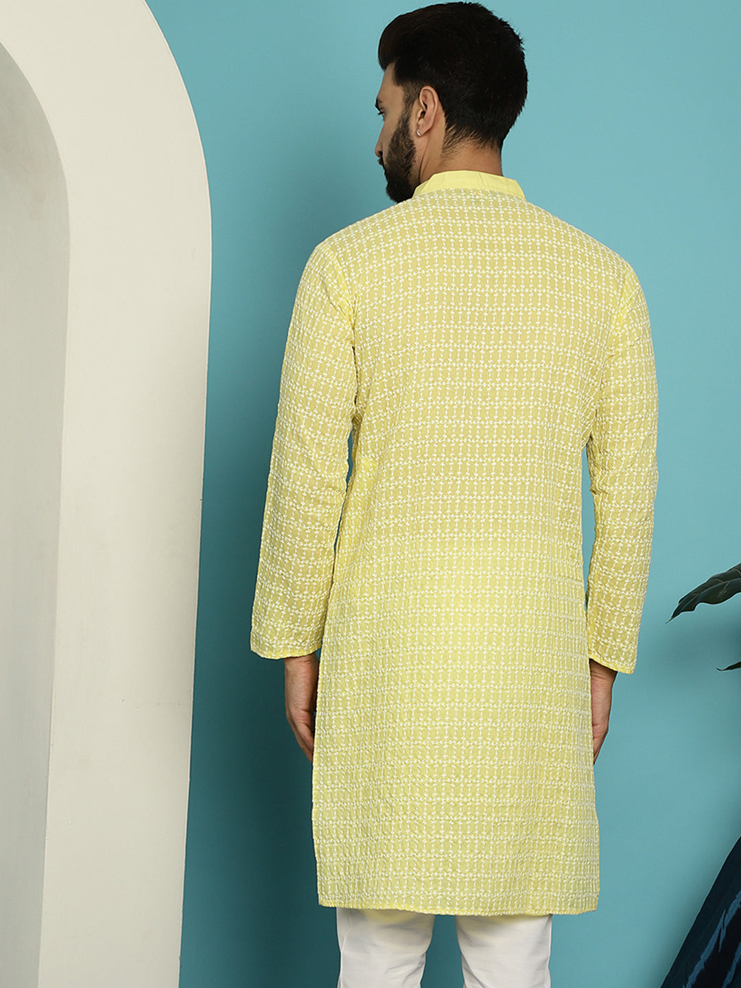 Men's Pure Cotton Yellow Kurta with White Embroidery