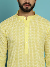 Men's Pure Cotton Yellow Kurta with White Embroidery