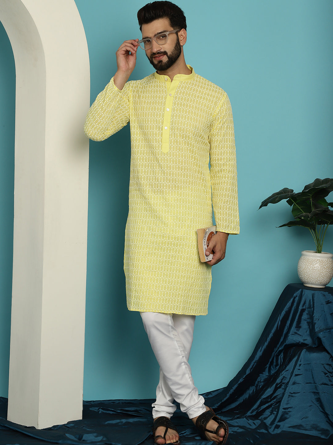 Men's Pure Cotton Yellow Kurta with White Embroidery