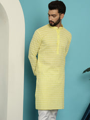 Men's Pure Cotton Yellow Kurta with White Embroidery