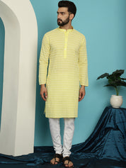 Men's Pure Cotton Yellow Kurta with White Embroidery and White Pyjama Set