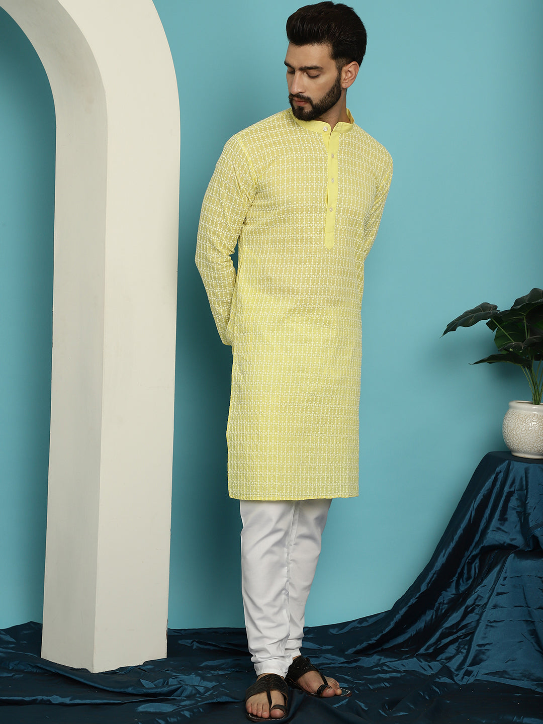 Men's Pure Cotton Yellow Kurta with White Embroidery and White Pyjama Set