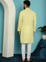 Men's Pure Cotton Yellow Kurta with White Embroidery and White Pyjama Set