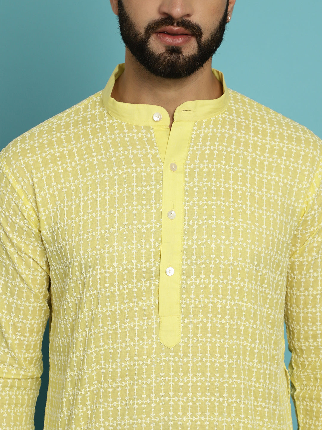 Men's Pure Cotton Yellow Kurta with White Embroidery and White Pyjama Set