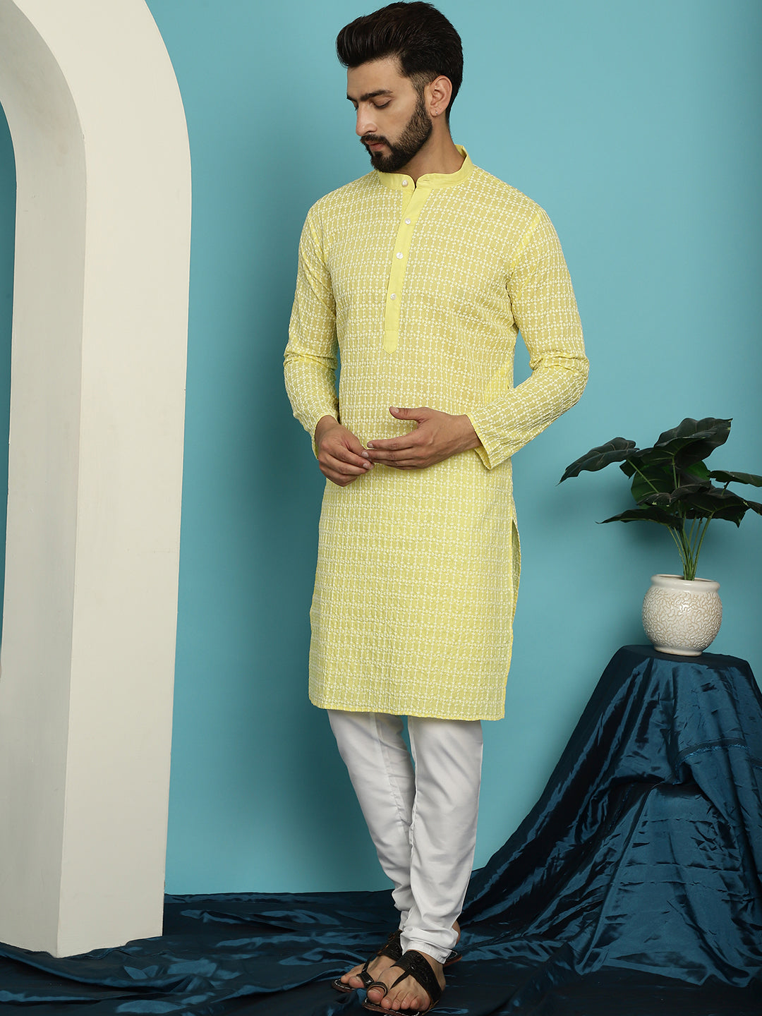 Men's Pure Cotton Yellow Kurta with White Embroidery and White Pyjama Set