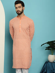 Men's Pure Cotton Peach Kurta with White Embroidery