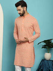 Men's Pure Cotton Peach Kurta with White Embroidery