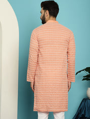 Men's Pure Cotton Peach Kurta with White Embroidery