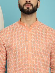 Men's Pure Cotton Peach Kurta with White Embroidery