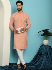 Men's Pure Cotton Peach Kurta with White Embroidery