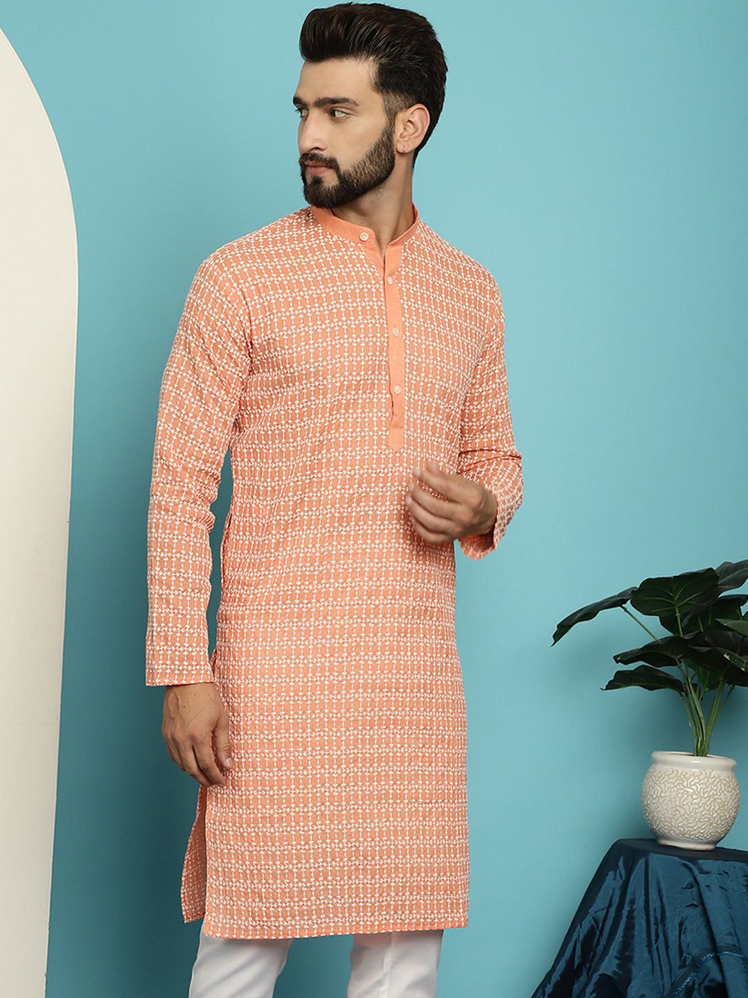 Men's Pure Cotton Peach Kurta with White Embroidery