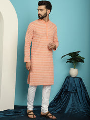 Men's Pure Cotton Peach Kurta with White Embroidery and White Pyjama Set