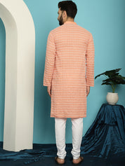 Men's Pure Cotton Peach Kurta with White Embroidery and White Pyjama Set