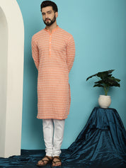 Men's Pure Cotton Peach Kurta with White Embroidery and White Pyjama Set